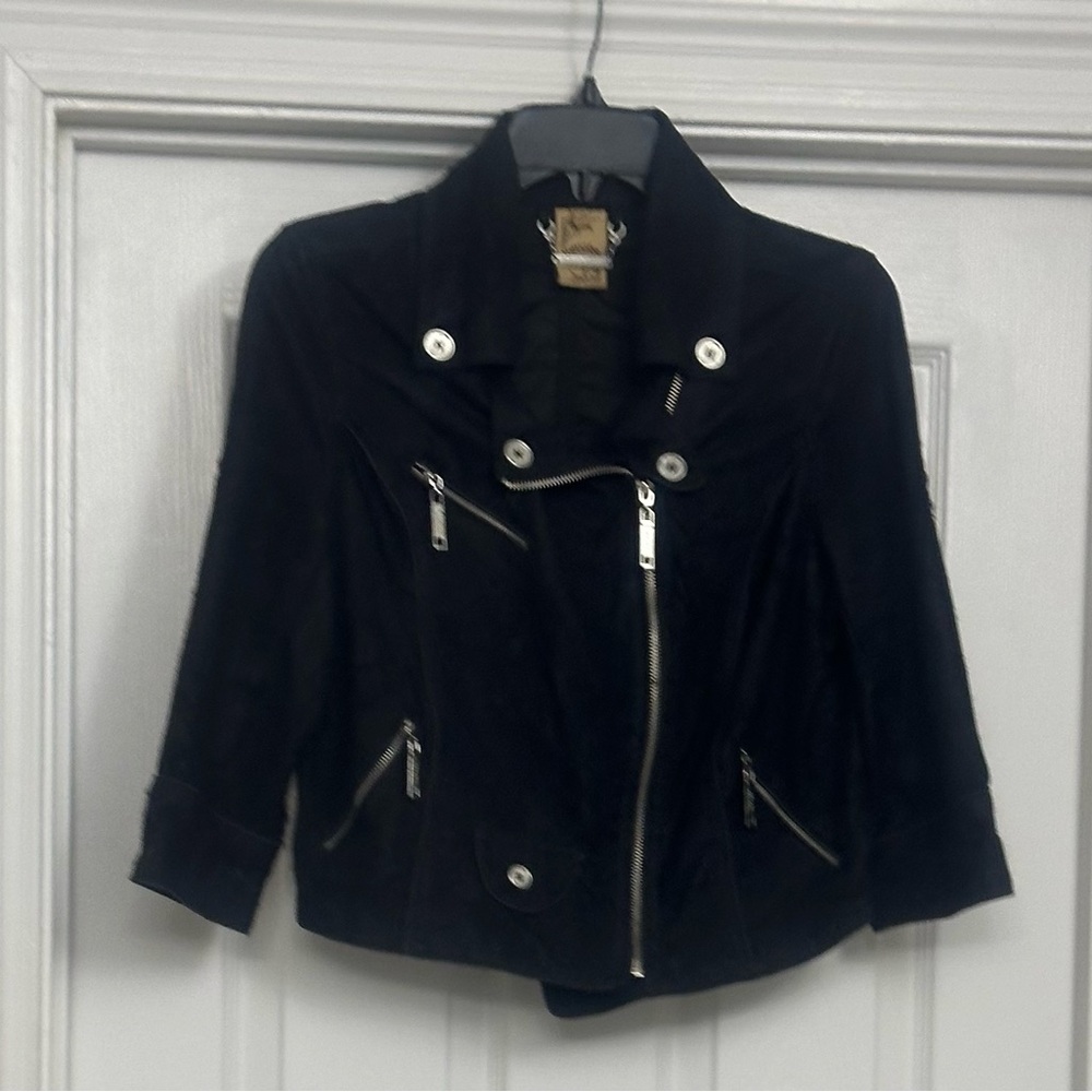 Black Lace Crop Moto Jacket with 3/4 Sleeve